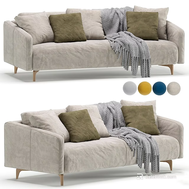 Light Gray Modern Sofa With Green Beige Cushions Soft Throw Blanket And Multiple Color Choices 3d model 