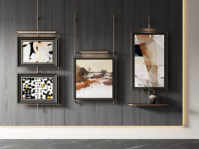 Modern Wall Art Decor With Framed Paintings On Black Background And Small Shelf Holding Vase 3d model