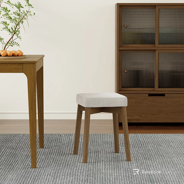 Wooden Dining Table Set with Upholstered Stool Fruits Green Plants and Cabinet 3d model 