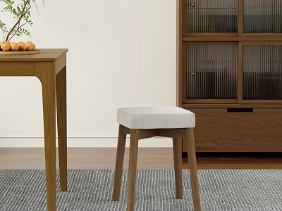 Wooden Dining Table Set with Upholstered Stool Fruits Green Plants and Cabinet 3d model