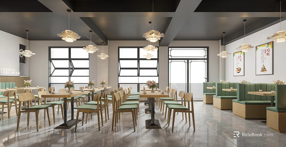 Modern Restaurant Interior With Wooden Tables Green Seats Pendant Lights Large Windows And Booths 3d model 