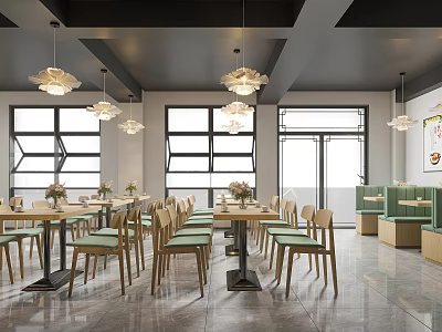 Modern Restaurant Interior With Wooden Tables Green Seats Pendant Lights Large Windows And Booths 3d model
