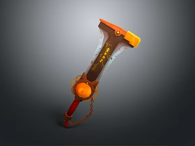 Fantasy Weapon Hammer Design With Orange Head Red Handle Transparent Section Golden Patterns And Chain 3d model