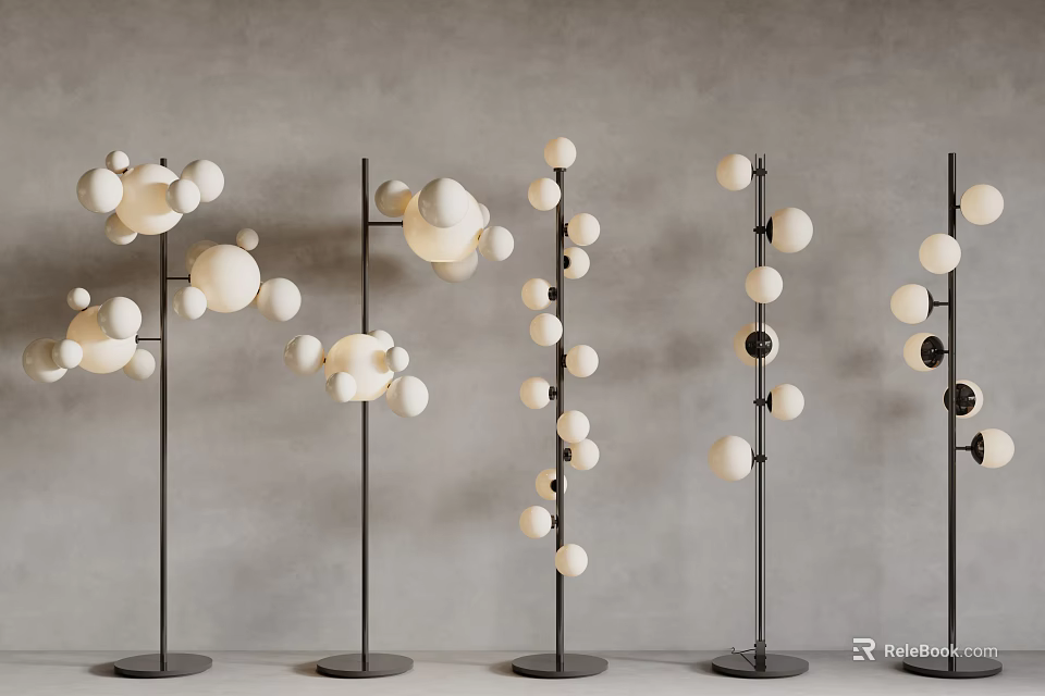 Modern Spherical Floor Lamps With Black Stands Against Gray Wall 3d model 