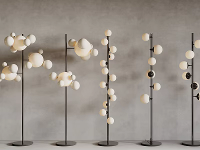 Modern Spherical Floor Lamps With Black Stands Against Gray Wall 3d model