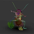 Anthropomorphic Cockroach Standing With Green Eyes Holding Bottle Among Green Grass On Dark Background