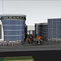 Modern Commercial Street with Contemporary Architecture Trees Water Features and Orange Seating Areas