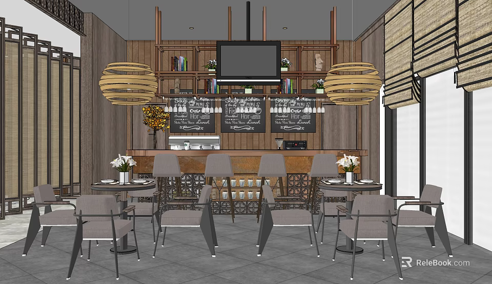 Modern Restaurant Interior With Wooden Shelves Hanging Chandeliers Blackboard Menus And Green Plant 3d model 