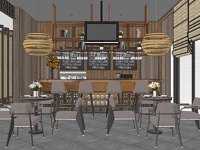 Modern Restaurant Interior With Wooden Shelves Hanging Chandeliers Blackboard Menus And Green Plant 3d model
