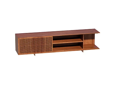 Brown Wooden TV Stand With Lattice Door And Open Shelves Design 3d model