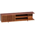 Brown Wooden TV Stand With Lattice Door And Open Shelves Design
