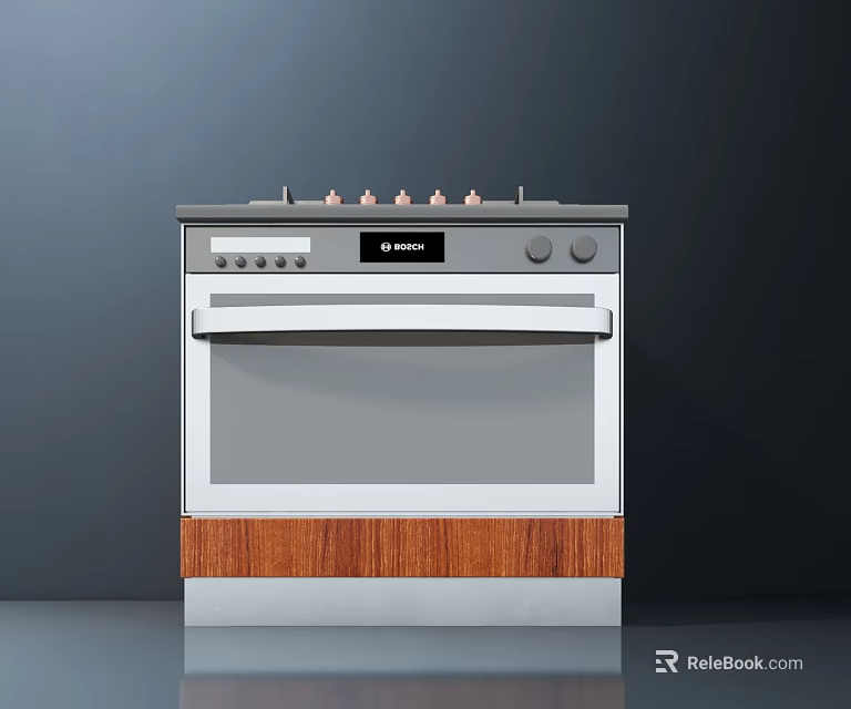 Modern Kitchen Stove Oven Appliance With Control Knobs And Wooden Base Design 3d model 