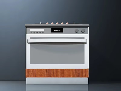 Modern Kitchen Stove Oven Appliance With Control Knobs And Wooden Base Design 3d model