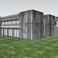 Modern Concrete Detached House with Large Glass Windows Green Grass and Mountain View