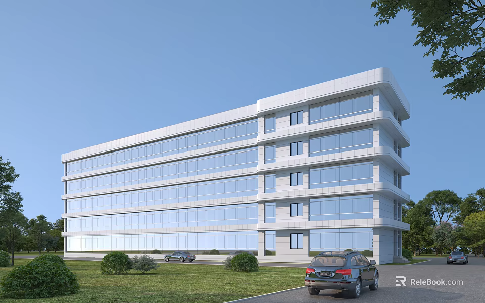 Modern Multi Storey Office Building With Large Glass Windows Surrounding Lawn And Parked Cars 3d model 