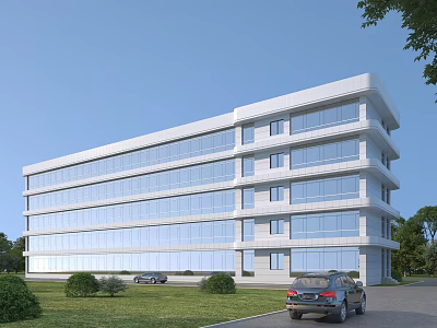 Modern Multi Storey Office Building With Large Glass Windows Surrounding Lawn And Parked Cars 3d model