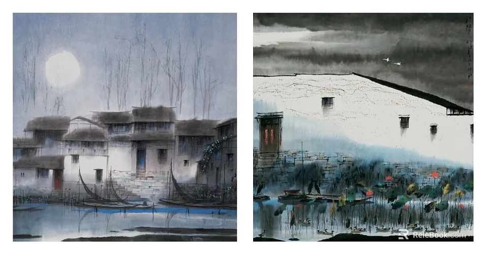 Traditional Chinese Ink Paintings Showing Moonlit Scenery With Houses Boats And Lotus 3d model 
