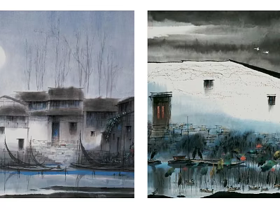 Traditional Chinese Ink Paintings Showing Moonlit Scenery With Houses Boats And Lotus 3d model