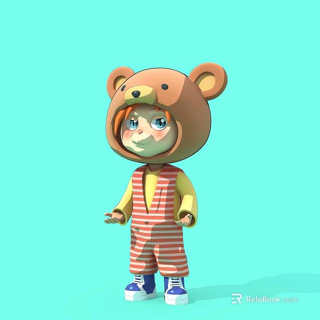 Sculpture Carving of Child Wearing Bear Head Hat and Striped Overalls on Light Blue Background 3d model 