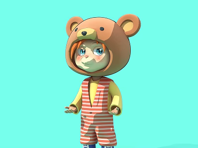 Sculpture Carving of Child Wearing Bear Head Hat and Striped Overalls on Light Blue Background 3d model