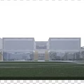 Modern Sales Center Building With Glass Facade Clean Lines And Front Lawn Landscaping