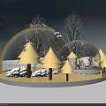 Belle's Winter Themed Decorative Scene With Snow Globe Small House Snowman Yellow Cones And Fence