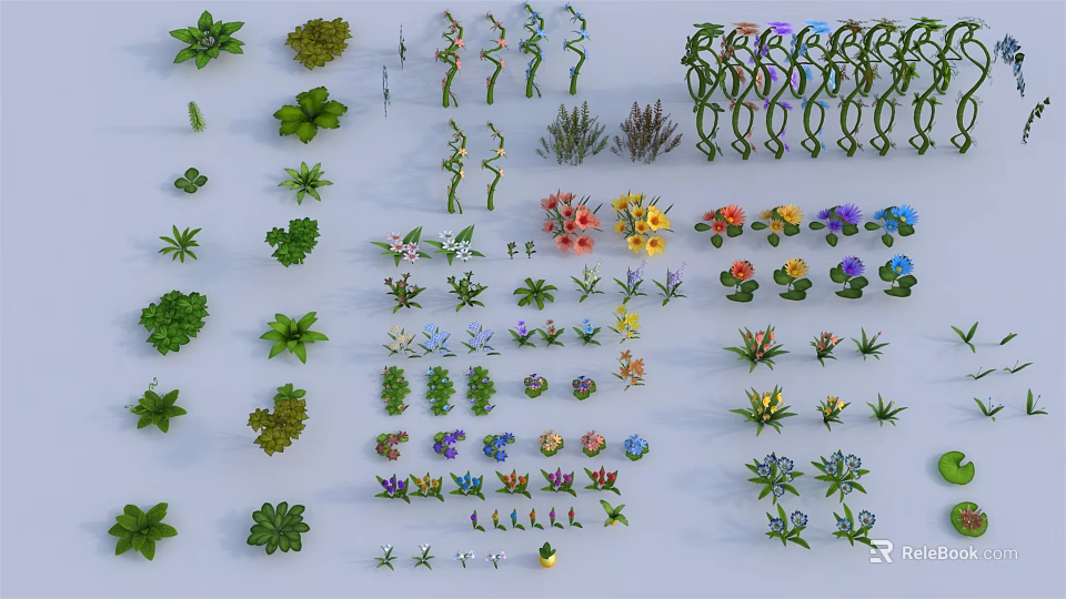 Diverse Collection of Decorative Plants with Various Leaves Flowers and Vines 3d model 