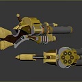 Golden Futuristic Mechanical Weapon With Barrel Gear Decorative Parts And Metallic Structure
