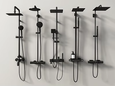 Various Modern Black Wall Mounted Shower Systems With Different Design Features And Components 3d model