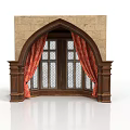 Arched Architectural Window With Stone Wall Wooden Frame Red Curtains And Lattice Glass