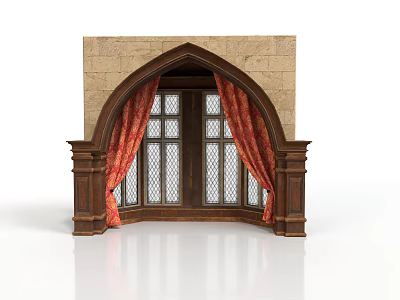 Arched Architectural Window With Stone Wall Wooden Frame Red Curtains And Lattice Glass 3d model