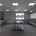 Commercial Kitchen Interior With Stainless Steel Equipment White Tile Walls Central Worktable And Ventilation System