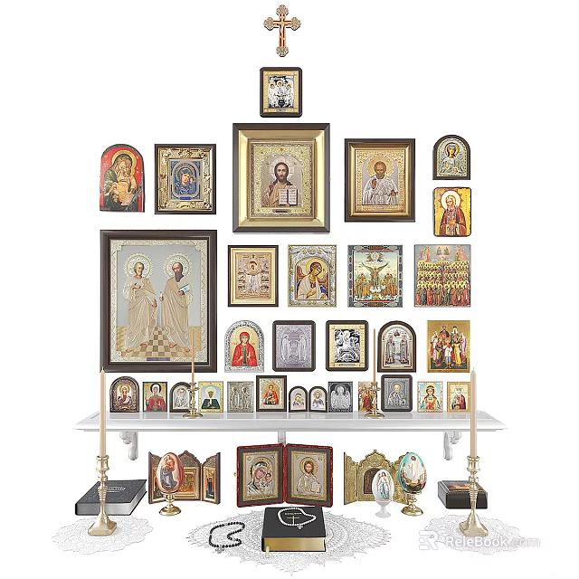 Religious Icons Display with Various Frames and Sizes Arranged on Shelf 3d model