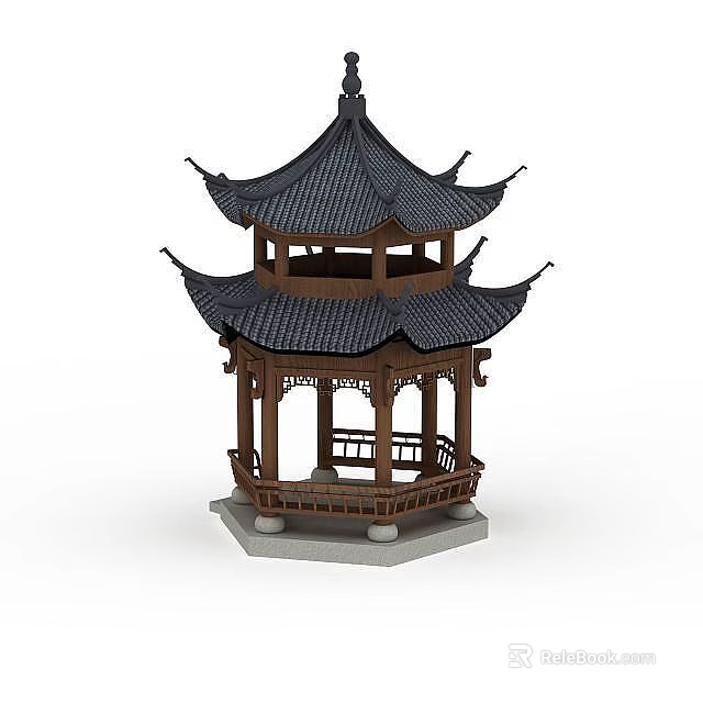 Traditional Chinese Pavilion With Multi Layered Black Tile Roof And Wooden Structure 3d model 