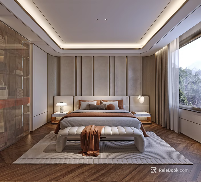 Modern Bedroom Interior With Upholstered Headboard Bedside Tables Bench And Curtains 3d model