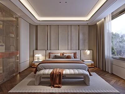 Modern Bedroom Interior With Upholstered Headboard Bedside Tables Bench And Curtains 3d model