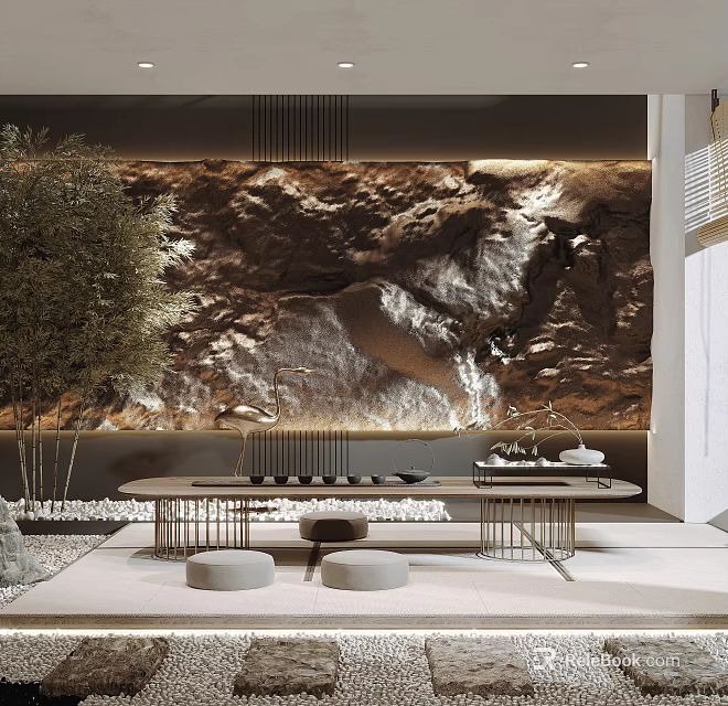 Elegant Tea Room Interior With Stone Wall Wooden Table And Green Plant 3d model 