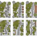 Decorative Garden Layout with Green Lawn Various Stone Pathways Bushes and Stone Lanterns