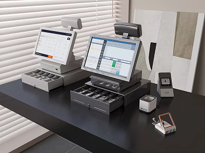 Contemporary Cash Register Setup With Touch Screen Receipt Printer Cash Drawer On Black Countertop 3d model