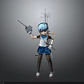 Child Wearing Blue Hat With Antenna Holding Toy Gun In Blue Dress Standing