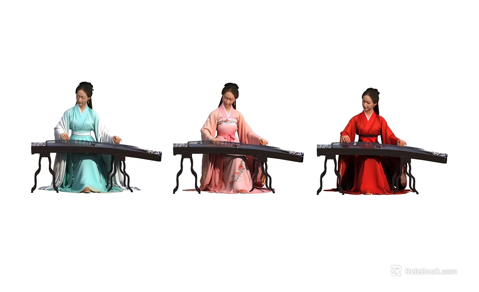 Three Women In Different Colored Hanfu Playing Traditional Guzheng Musical Instruments 3d model 