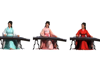 Three Women In Different Colored Hanfu Playing Traditional Guzheng Musical Instruments 3d model