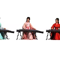 Three Women In Different Colored Hanfu Playing Traditional Guzheng Musical Instruments