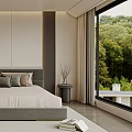 Minimalist Modern Bedroom Interior With Large Bed Pillows Nightstands And Green Plant View