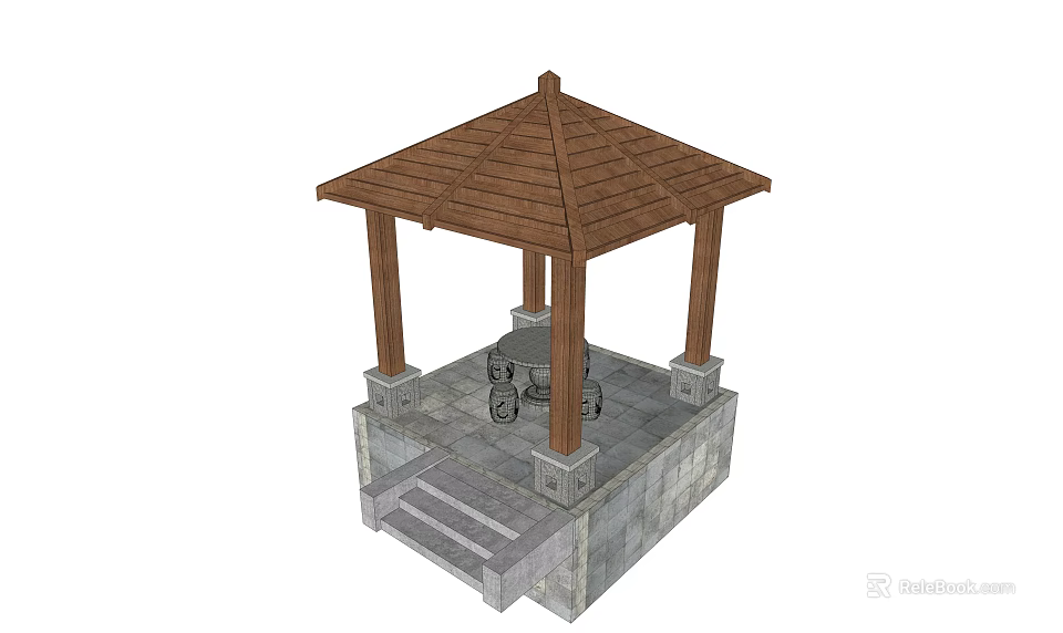 Outdoor Gazebo Structure With Wooden Roof Stone Base Steps And Stone Table 3d model 