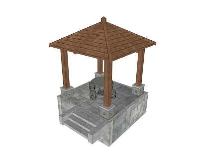 Outdoor Gazebo Structure With Wooden Roof Stone Base Steps And Stone Table 3d model