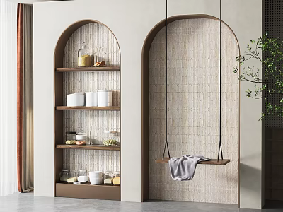 Arched Wall Mounted Decorative Cabinet With Shelves And Decorative Jars On Tiled Background 3d model