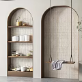 Arched Wall Mounted Decorative Cabinet With Shelves And Decorative Jars On Tiled Background