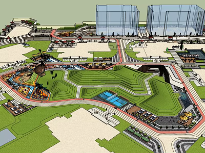 Urban Park Landscape Design With Green Spaces Water Features Pedestrian Walkways And Commercial Buildings 3d model
