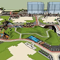 Urban Park Landscape Design With Green Spaces Water Features Pedestrian Walkways And Commercial Buildings